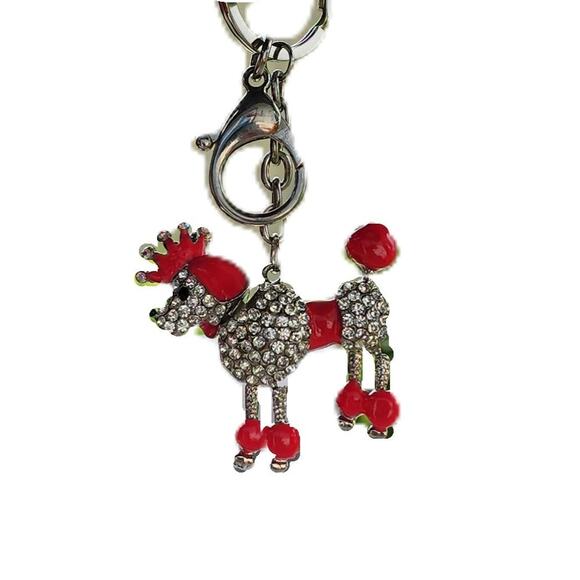 Silver Tone Crown Rhinestone Studded Poodle Princess Keychain Bag Charm - Picture 7 of 7